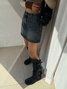 Dazy Tall 高个女款常规腰短款直筒牛仔裙，休闲街头风夏季款 - 深色水洗藍 - 查看 6