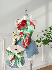 Comfortcana Romantischer Ölgemälde-Muster plissierter asymmetrischer Ausschnitt ärmelloser Träger-Top in Große Größen für den Frühling - Grün - Übersicht 1