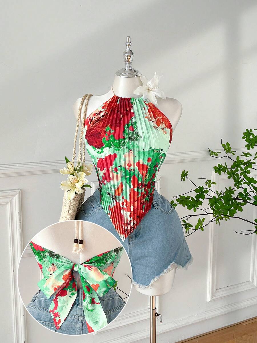Comfortcana Romantischer Ölgemälde-Muster plissierter asymmetrischer Ausschnitt ärmelloser Träger-Top in Große Größen für den Frühling - Grün - Übersicht 1