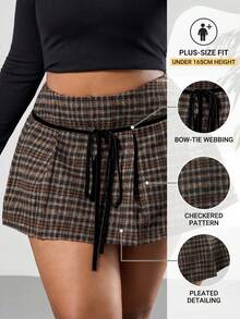 SHEIN PETITE CURVE 大码女式格子蝴蝶结装饰休闲褶皱羊毛裙 - 棕色 - 查看 3