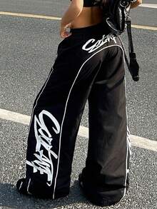 SHEIN Coolane 女士春夏休闲运动嘻哈条纹纹理装饰运动裤 - 黑色 - 查看 8