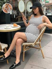 SHEIN Nursing Striped Print Scoop Neck Casual Sleeveless Dress - White - View 9