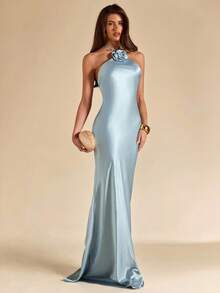 SHEIN BAE Elegant Light Blue Summer Satin Gown Halter Backless Floral Decor Fitted Maxi Mermaid Dress For Dining,Party,Cocktail,Formal Occasion,Bridesmaid - Blue - View 5
