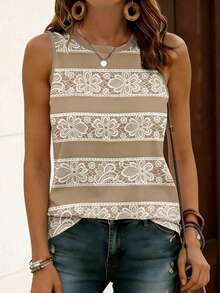 EMERY ROSE Women's Lace Patchwork Printed Sleeveless Top, Comfortable Casual Round Neck Tank Top For Summer Daily Wear - Apricot - View 3
