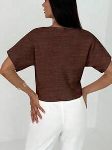 Aloruh Women's Solid Color Short Sleeve V-Neck Front Button Thin Cardigan - Redwood - View 3