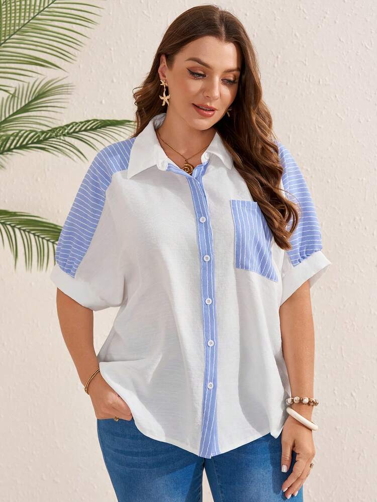 Plus Size Women's Summer Casual Vacation Country Striped Patchwork White Blouse Top Shirt  With Pockets,Summer Outfits For Women ,Vacation Outfits Women ,Holiday Outfits For Women,Going Out Outfits,2026 New Clothes,Simple And Fashionable For Everyday Wear,Suitable For Summer, Vacation, Daily Wear, Festival Outfits For Women,Country Concert Outfit,Beach Outfits For Women,Western Style,Flowy Dress ,Going Out Tops