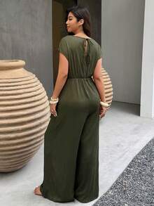 Weeklong Plus Size Women's Casual V-Neck Beaded Decor Jumpsuit, Spring/Summer - Army Green - View 2