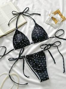 Swim Mod Women's Random Floral Trim Halter Bikini Set, Spring/Summer - Black and White - View 2