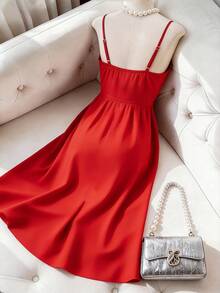 GlowEve CURVE Women's Elegant V-Neck Asymmetrical Hem Slit Waist Slip Dress, Red, Suitable For Daily Commute Spaghetti Strap Dress Luxury Red Dress Red Party Dress Elegant Dinner Dress Women's Formal Dress - Red - View 2