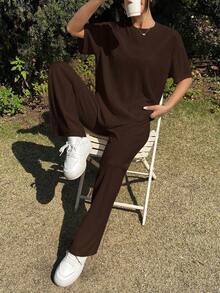 SHEIN EZwear Set de 2 piezas de camiseta y pantalones holgados de color marrón casual, talla grande - Marrón - Ver 5