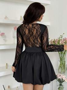 SHEIN EZwear Abito elegante da festa con vita aderente, in taglie comode, con inserti in rete e volant - nero - Visualizzare 4
