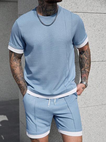 Manfinity CasualCool 2pcs Men's Comfortable Waffle Knit Crew Neck Short Sleeve T-Shirt And Drawstring Elastic Waist Shorts Set, With Contrast Trim At Sleeve Cuffs, Hem And Leg Openings, 2 In 1 Design, Classic Sporty Style, Suitable For Casual, Vacation, Party, Workout, Office, Spring & Autumn
