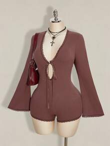 SHEIN ICON 大码女式蕾丝拼接喇叭袖连体裤 - 棕色 - 查看 1