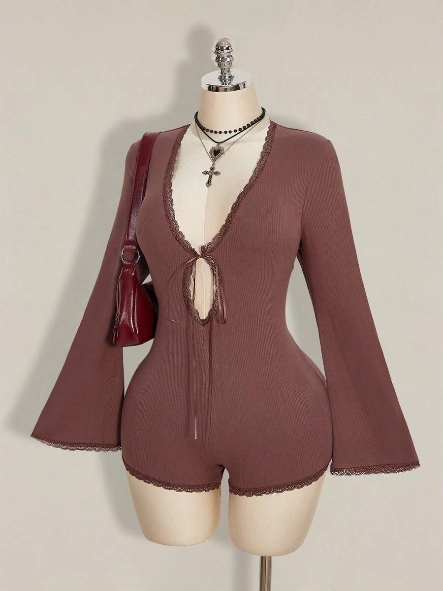 SHEIN ICON 大码女式蕾丝拼接喇叭袖连体裤 - 棕色 - 查看 1