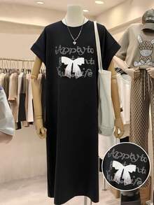 GlowEve Round Neck T-Shirt Dress For Women, Loose Casual Retro Fashionable Butterfly & Letter Print, Spring/Summer - Black - View 1