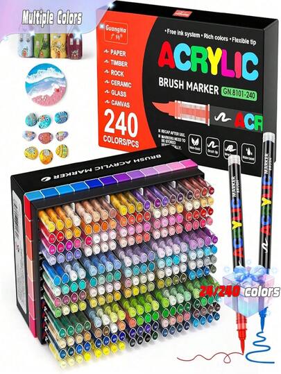 240色丙烯马克笔套装，软头自动出墨系统，覆盖力强，适合涂鸦和着色，适用于艺术家、DIY工艺品、画布、木头、玻璃、石头和织物，非常适合返校季！