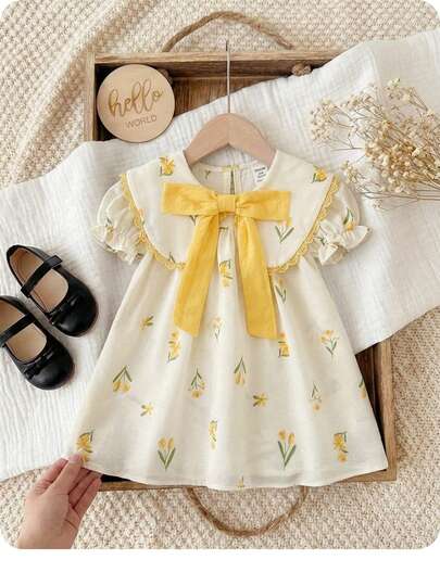 SHEIN Babygirl Cute Summer Floral Pattern Yellow Bow Tie Short Sleeve Dress