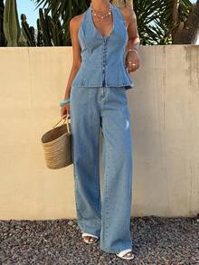 DAZY Bộ đồ denim nữ mùa hè, gồm áo hai dây cài khuy và quần dài. - Màu xanh lam - Xem 8