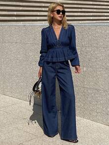 DAZY Women's V-Neck Top & Flare Jeans Set - Blue - View 5