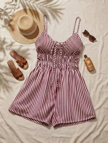 GlowEve Bộ jumpsuit nữ kẻ sọc xanh trắng, kiểu dáng thanh lịch, phong cách Pháp giản dị, thích hợp cho đi biển, dạo phố, đi làm, hẹn hò, công sở, sự kiện, không tay. - Màu Đỏ Sâu - Xem 5