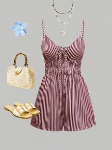 GlowEve Bộ jumpsuit nữ kẻ sọc xanh trắng, kiểu dáng thanh lịch, phong cách Pháp giản dị, thích hợp cho đi biển, dạo phố, đi làm, hẹn hò, công sở, sự kiện, không tay. - Màu Đỏ Sâu - Xem 6