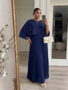 SHEIN Lady CURVE 2025 New Plus Size Navy Blue Solid Color Pleated Dress, Fashionable Summer Women Church Dresses Women Festival Dress Navy Blue Dress Elegant Classy Festival Dress Fall Clothes For Women - Navy Blue - View 1