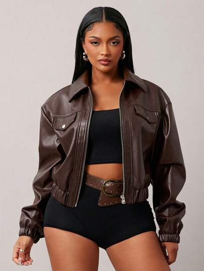 Radiana Women's Motorcycle PU Leather Jacket, Loose Fit High-End Black Retro Jacket, Unique Elegant Top For Spring & Autumn
