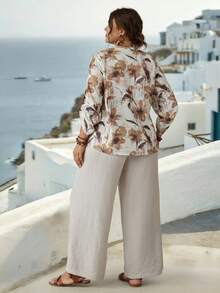 Parysyn Plus Size Floral Print Brown Flower 3/4 Sleeve Button Front Split Neck Top And Beige Solid Elastic Waist Long Pants Two Piece Set With Pockets - Apricot - View 2