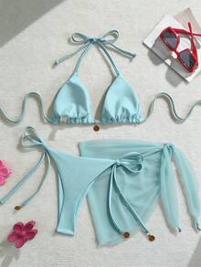 Swim Vcay Conjunto de biquíni sexy de 3 peças com colar de metal de cor sólida e amarração nas costas, ideal para férias na praia. - Azul - Ver 2