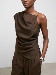 Maija 女士纯色不对称设计上衣和裤子套装 - 咖啡棕 - 查看 1
