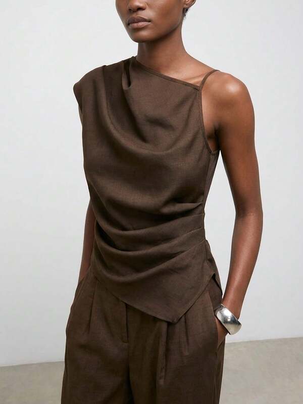 Maija Conjunto de top y pantalones de diseño asimétrico de unicolor para mujer