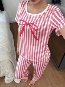 SHEIN 粉色条纹蝴蝶结印花短袖长裤女士睡衣套装 - 彩色 - 查看 5
