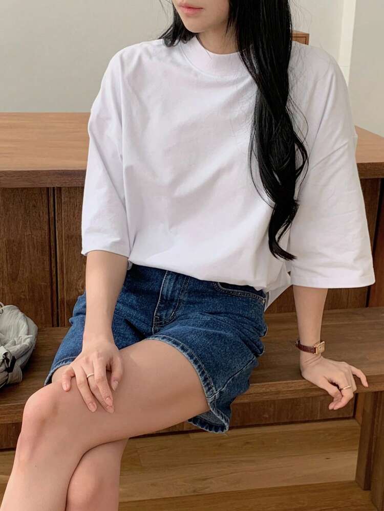 Women's Loose Casual Business Short Sleeve T-Shirt, Stand Collar, Fashion Office Wear, Spring & Summer