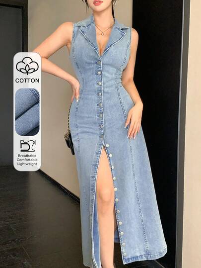 DAZY Vestido camisero de mezclilla de longitud media con abertura alta, estilo vintage lavado azul, cintura ceñida, casual, para festival de música, estilo de vacaciones, para mujeres