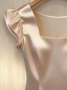 GlowEve Women's Champagne Square Collar Satin Double-Layer Short Sleeve Blouse - Champagne - View 4