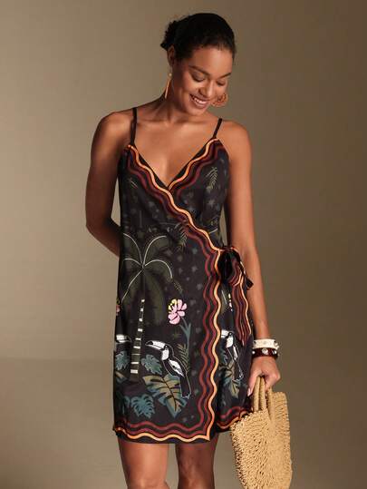 Swim Oasis 新款印花吊带连衣裙，复古荷叶边V领连衣裙