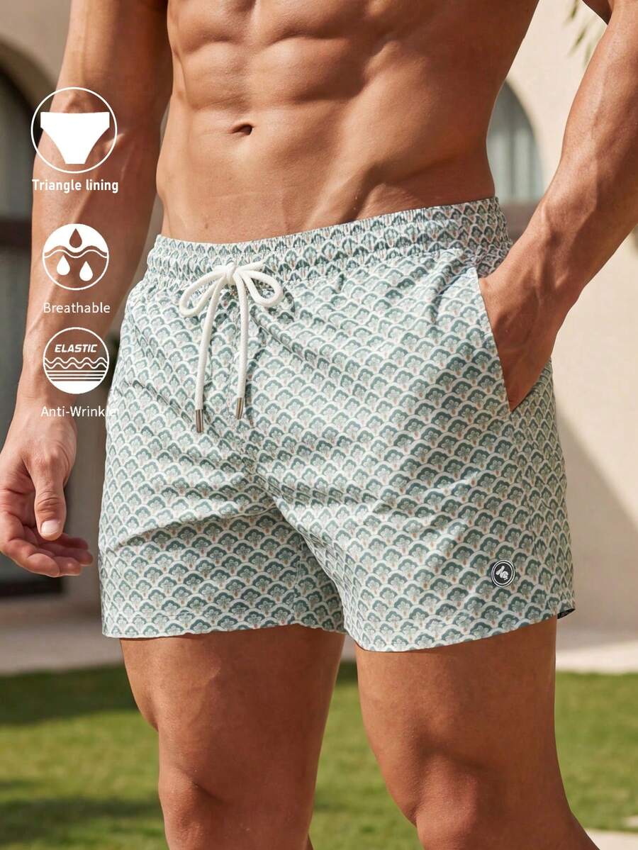 Horizaway 男士沙滩度假休闲印花抽绳泳裤 男士泳裤 男士几何图案泳池短裤 - 綠色 - 查看 1
