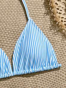 SHEIN 少女蓝白条纹挂脖比基尼上衣，条纹三角比基尼下装，款式简约舒适，法式可爱风格，适合游泳、泳池、冲浪、度假、新年、春假、海滩等场合。 - 藍白色 - 查看 3