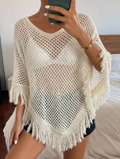 DAZY Women's V-Neck Hollow-Out Knit Shawl Sweater