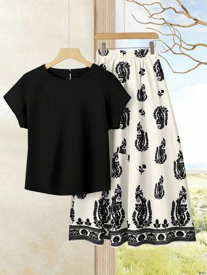 EMERY ROSE 2pcs Women's Vacation Casual Solid Color Top + Printed Skirt Set, Women's Summer Outfit, Summer Skirt Set, Skirt Top Set, Women's Skirt Top Set, Printed Skirt Set