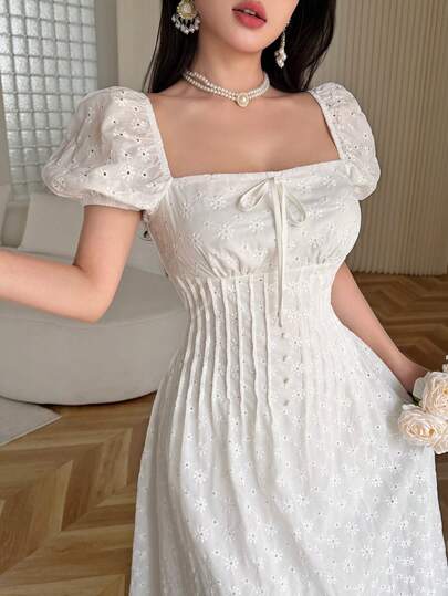 Feyla 女士优雅纯色刺绣夏季连衣裙