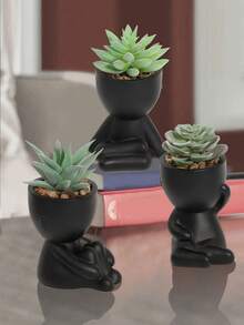 1PC Artificial Succulent Plants Single Pot Small Human Shaped Succulent 3 Styles Optional Black Ceramic Pot Cartoon Design Green PP PE Material For Desktop Home Garden School Dorm Office Decor - Black - View 12