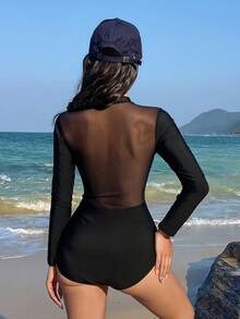 Livesso 女士弹力长袖修身连体泳衣，性感休闲沙滩装 - 黑色 - 查看 2