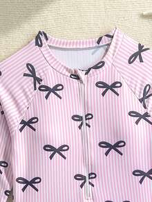 SHEIN Sparklyn Tween Girls Striped Bow Print One-Piece Swimsuit, Suitable For Swimming In Summer (Print Design May Vary) - Dusty Pink - View 6