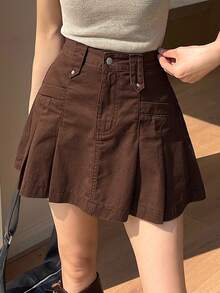 DAZY Chân váy ngắn xếp ly eo thường dành cho nữ, chân váy chữ A bằng denim trẻ trung và năng động cho mùa hè - màu nâu - Xem 2