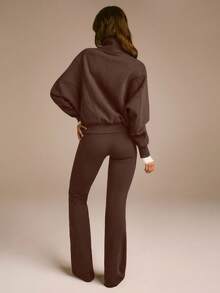 GLOWMODE 日常羊毛保暖轻薄柔软保暖轻盈前后缝线细节口袋蝙蝠袖高领全拉链夹克秋冬日常休闲 - 棕色 - 查看 7