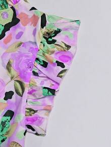 SHEIN Franclia 花卉印花装饰，浪漫假日度假风格女士V领短袖衬衫 - 彩色 - 查看 5