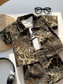 SHEIN 3pcs/Set Unisex Baby Boy/Girl Casual Leopard Print Denim Outfit, White T-Shirt, Knit Top, Leopard Denim Shirt Jacket And Shorts, Spring/Summer Baby Clothes, Streetwear Set - Brown - View 3