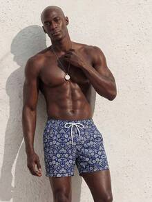 Surfspeed Pantalones cortos de playa casuales con estampado todo sobre y cordón en la cintura para hombre, vacaciones - Azul Marino - Ver 4