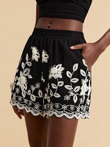 Travachic 刺绣休闲度假风女式短裤 - 黑色 - 查看 4